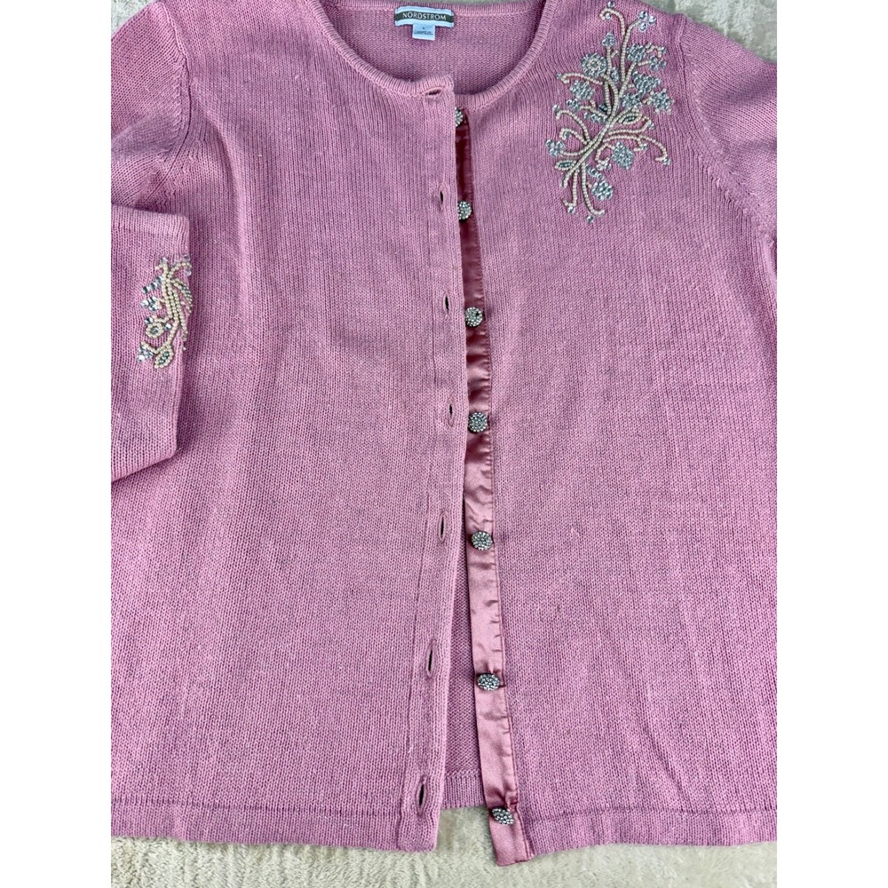 Nordstrom Pink Beaded Floral Cardigan Sweater Metallic Shimmer Rhinestone Large - Picture 15 of 17